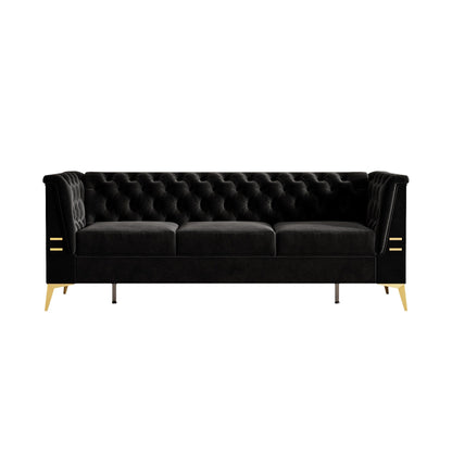 Canapé Chesterfield 3 places en velours de 82 pouces avec pieds en métal doré, rembourrage en éponge à rebond élevé et coussins amovibles