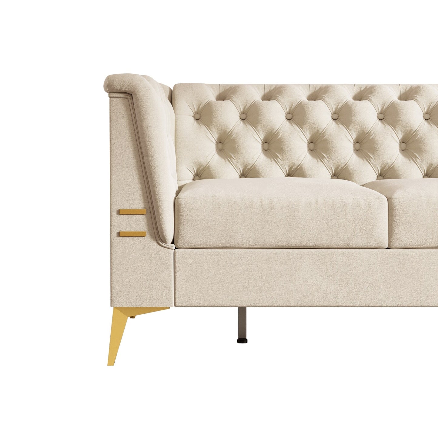 Canapé Chesterfield 3 places en velours de 82 pouces avec pieds en métal doré, rembourrage en éponge à rebond élevé et coussins amovibles