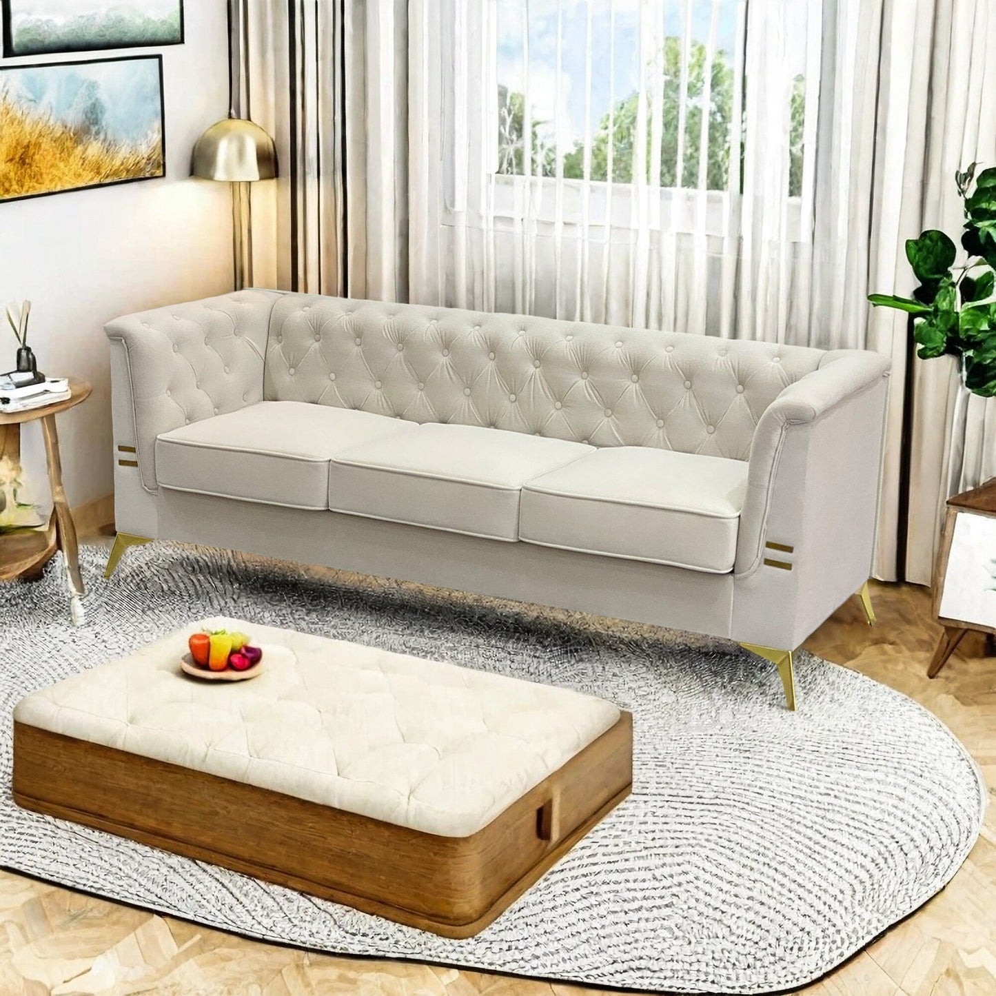 Canapé Chesterfield 3 places en velours de 82 pouces avec pieds en métal doré, rembourrage en éponge à rebond élevé et coussins amovibles