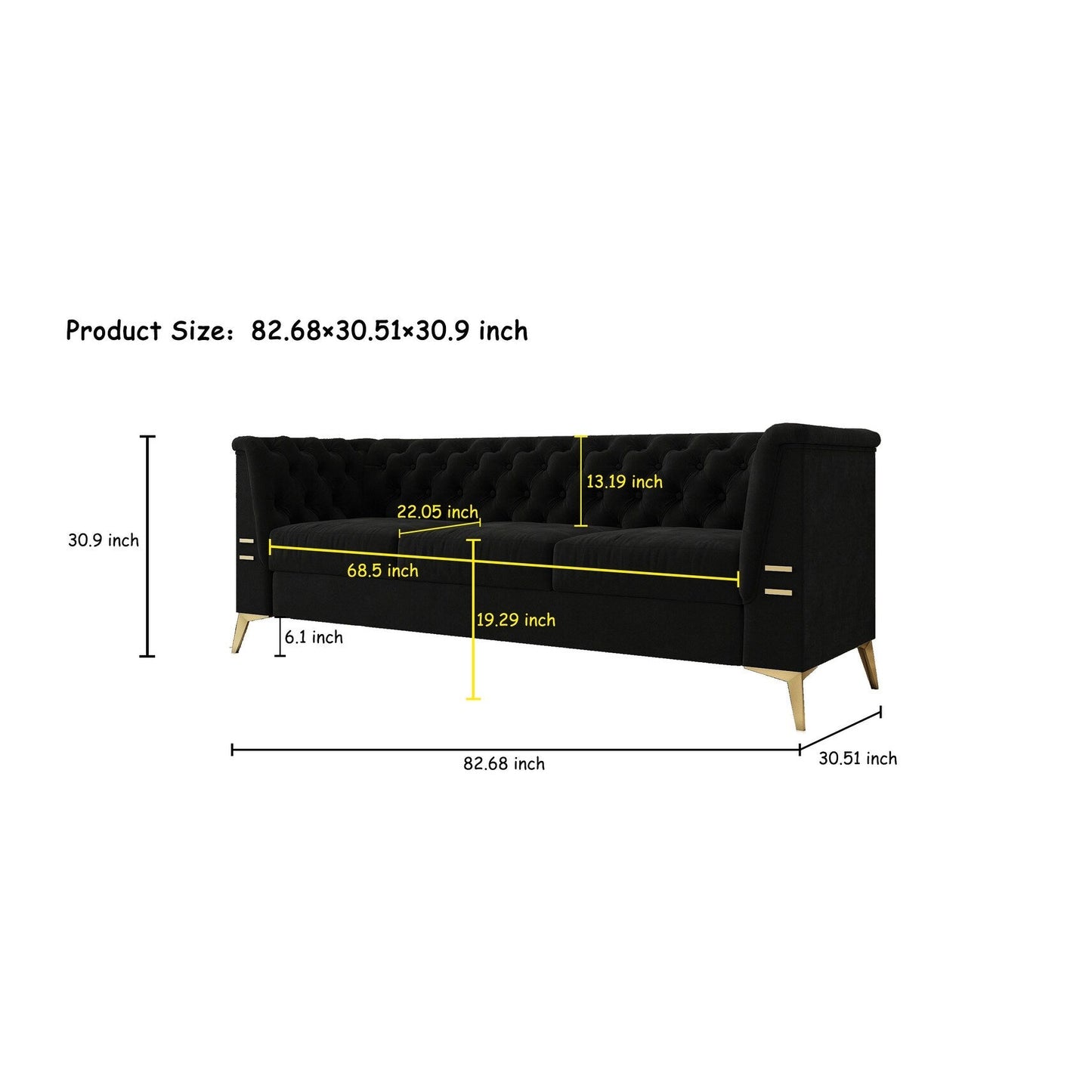Canapé Chesterfield 3 places en velours de 82 pouces avec pieds en métal doré, rembourrage en éponge à rebond élevé et coussins amovibles