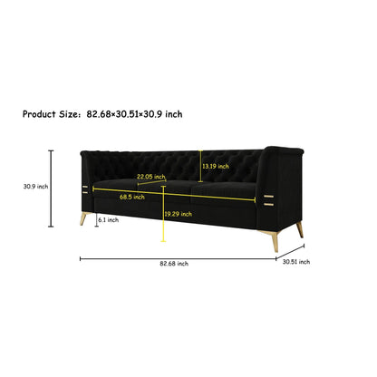 Canapé Chesterfield 3 places en velours de 82 pouces avec pieds en métal doré, rembourrage en éponge à rebond élevé et coussins amovibles