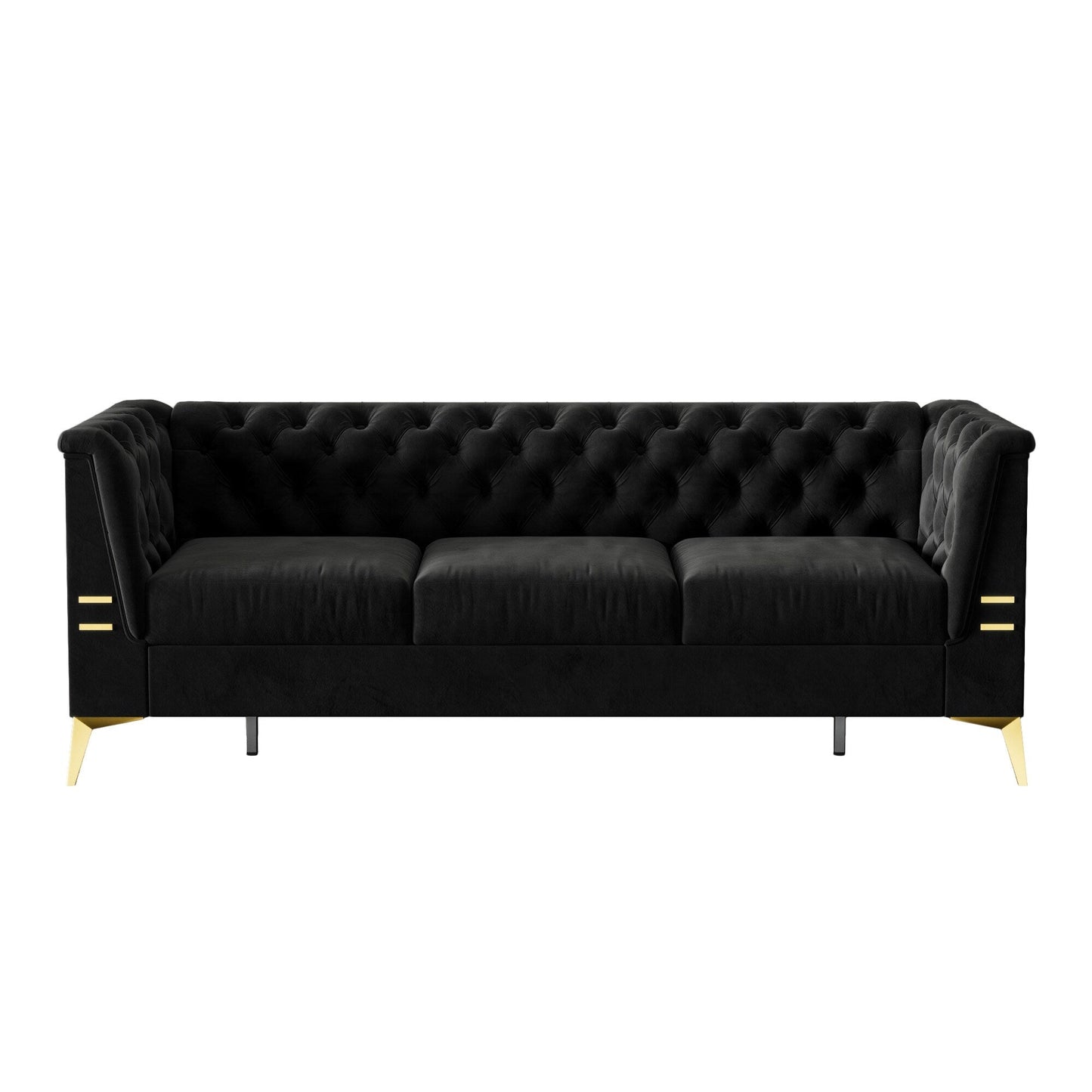 Canapé Chesterfield 3 places en velours de 82 pouces avec pieds en métal doré, rembourrage en éponge à rebond élevé et coussins amovibles