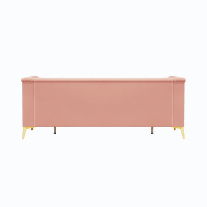 Canapé Chesterfield 3 places en velours de 82 pouces avec pieds en métal doré, rembourrage en éponge à rebond élevé et coussins amovibles
