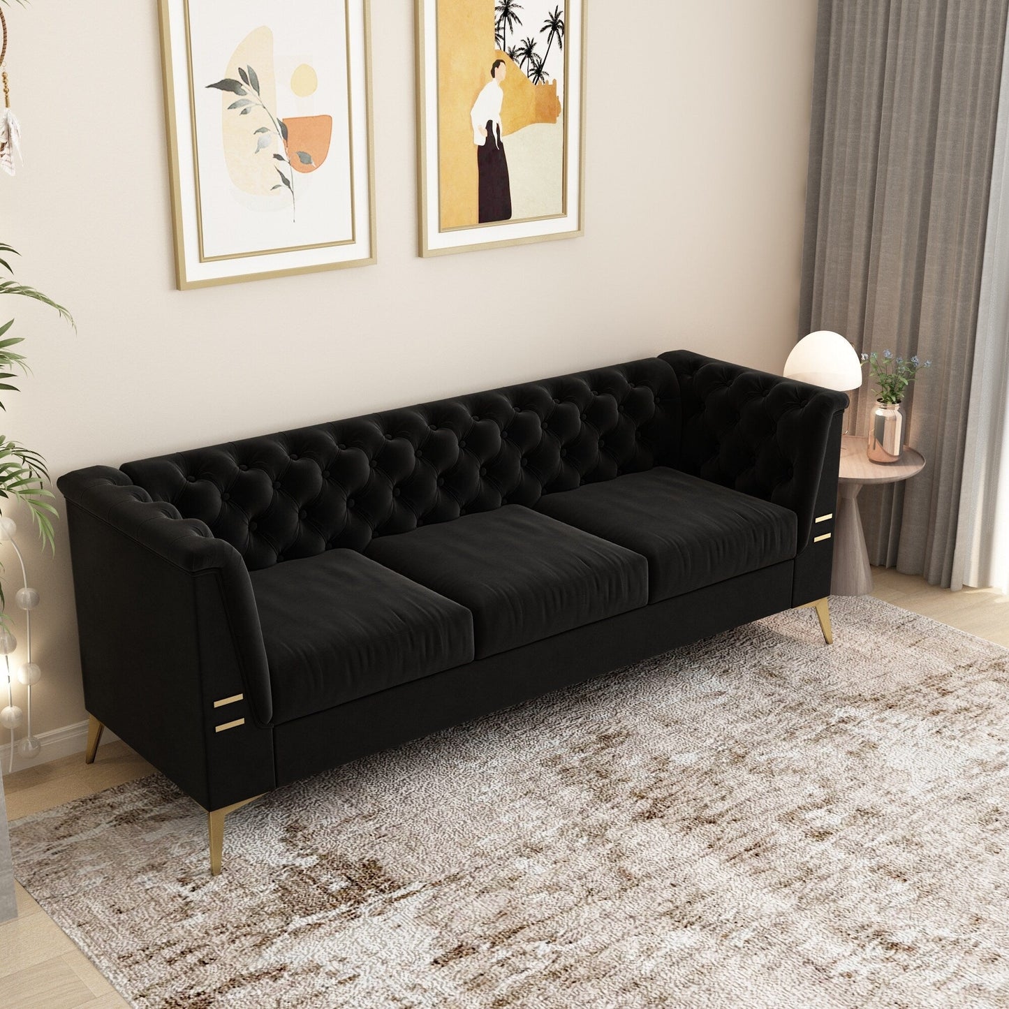 Canapé Chesterfield 3 places en velours de 82 pouces avec pieds en métal doré, rembourrage en éponge à rebond élevé et coussins amovibles