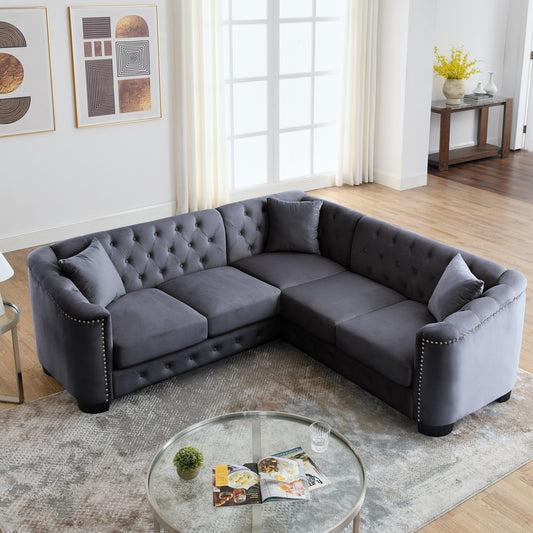 Canapé d'angle Chesterfield en velours de 82 po, 5 places en forme de L avec garniture cloutée, coussins amovibles et base en bois massif