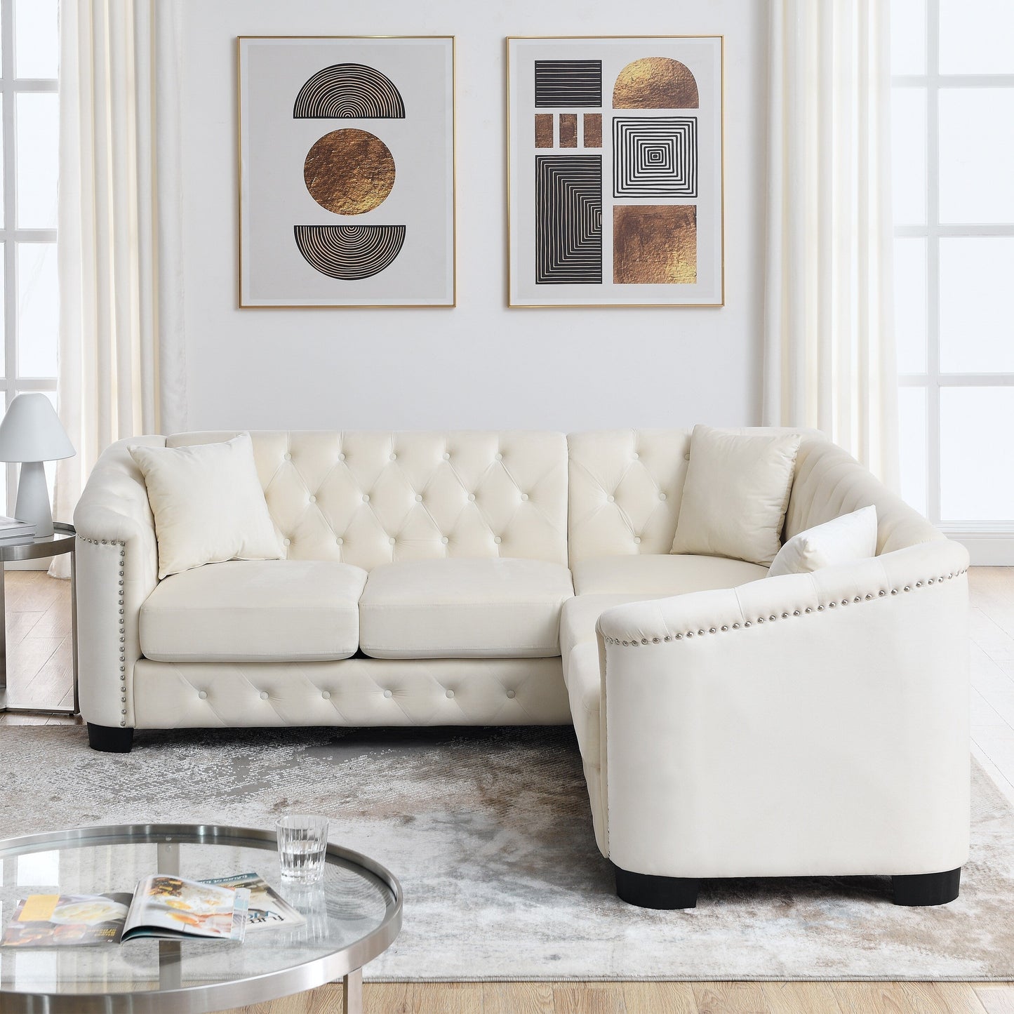 Canapé d'angle Chesterfield en velours de 82 po, 5 places en forme de L avec garniture cloutée, coussins amovibles et base en bois massif