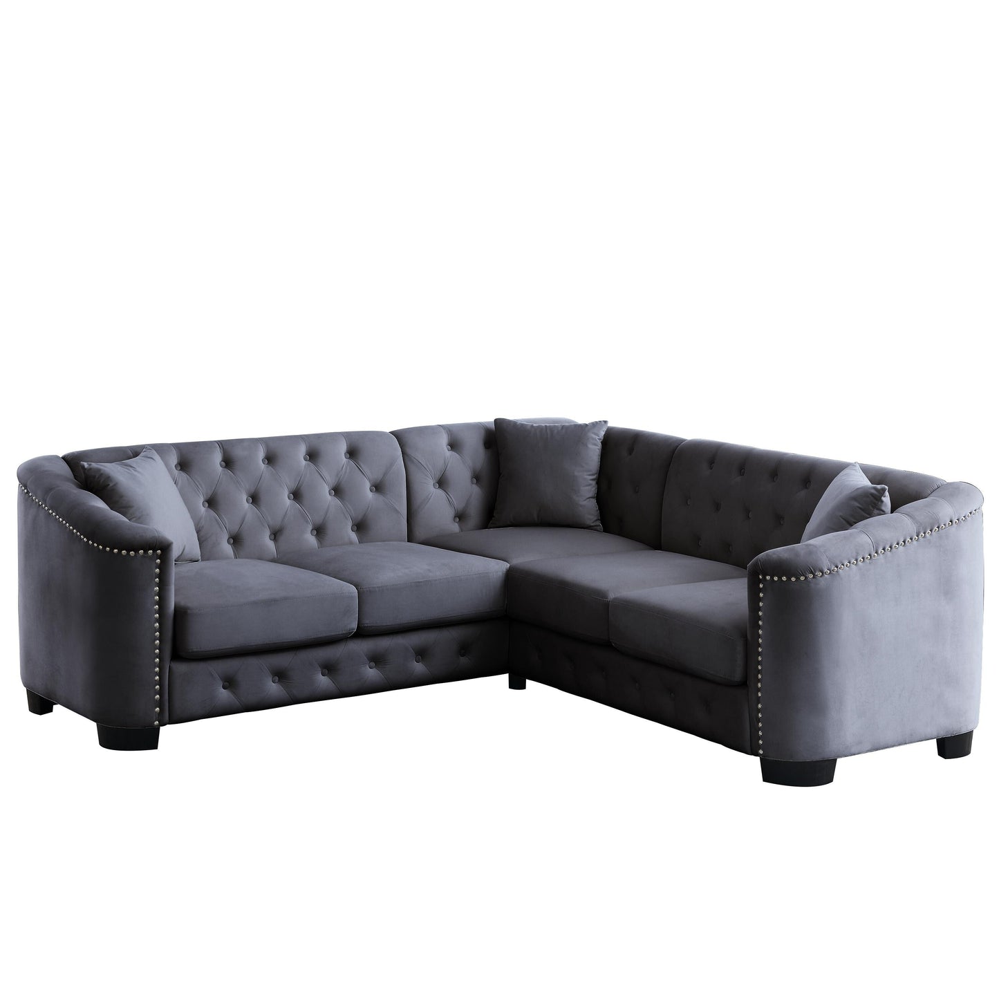 Canapé d'angle Chesterfield en velours de 82 po, 5 places en forme de L avec garniture cloutée, coussins amovibles et base en bois massif