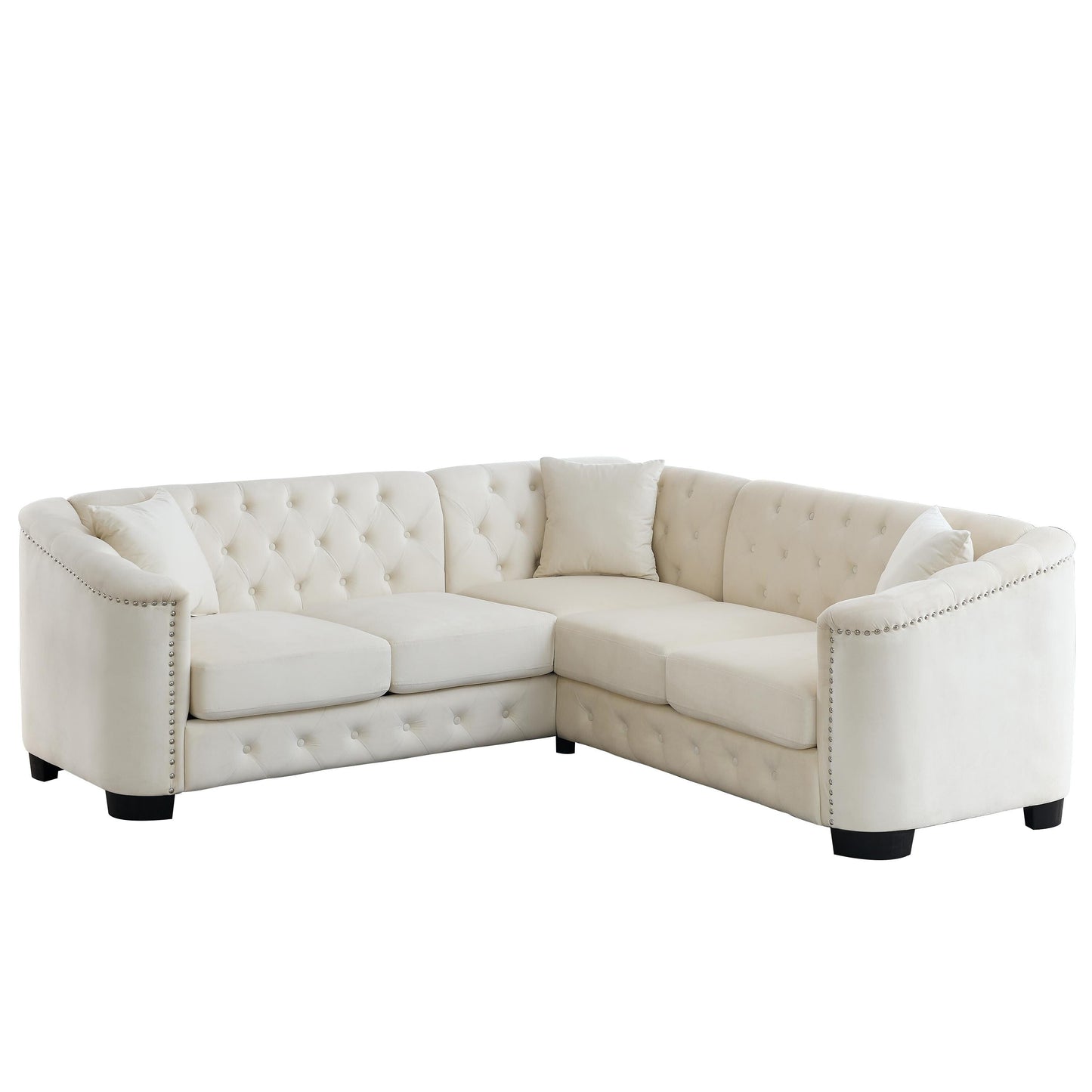 Canapé d'angle Chesterfield en velours de 82 po, 5 places en forme de L avec garniture cloutée, coussins amovibles et base en bois massif