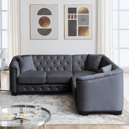 Canapé d'angle Chesterfield en velours de 82 po, 5 places en forme de L avec garniture cloutée, coussins amovibles et base en bois massif