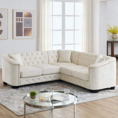 Canapé d'angle Chesterfield en velours de 82 po, 5 places en forme de L avec garniture cloutée, coussins amovibles et base en bois massif