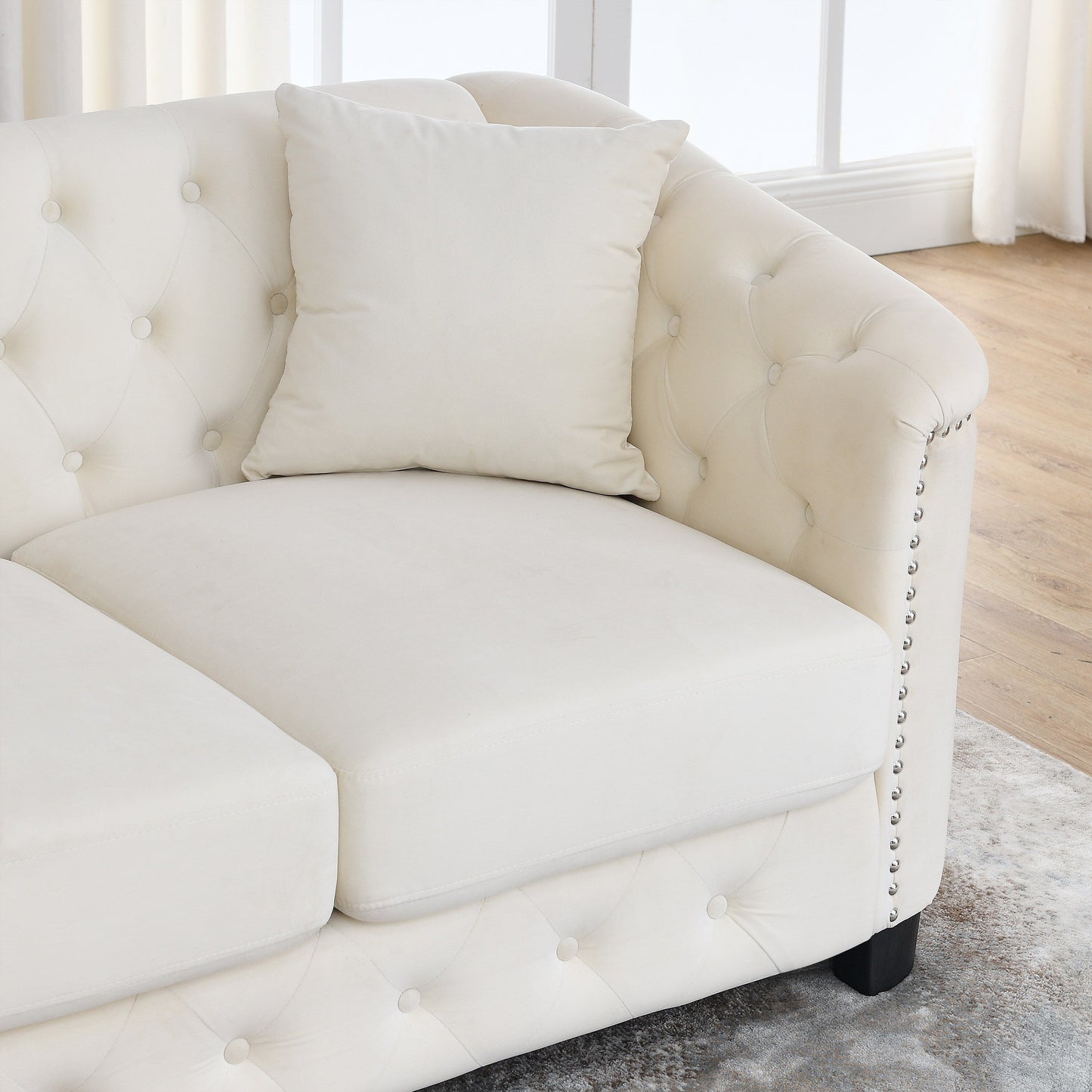 Canapé d'angle Chesterfield en velours de 82 po, 5 places, en forme de L, avec 3 coussins, garniture cloutée et coussins amovibles, cadre en bois massif