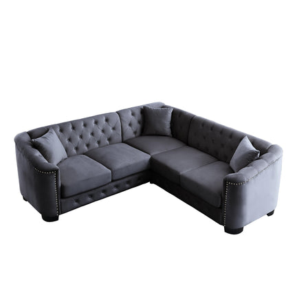 Canapé d'angle Chesterfield en velours de 82 po, 5 places, en forme de L, avec 3 coussins, garniture cloutée et coussins amovibles, cadre en bois massif