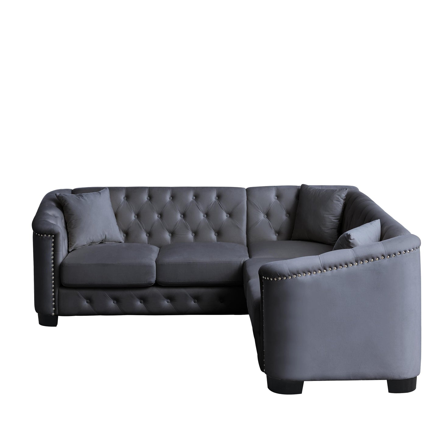 Canapé d'angle Chesterfield en velours de 82 po, 5 places, en forme de L, avec 3 coussins, garniture cloutée et coussins amovibles, cadre en bois massif