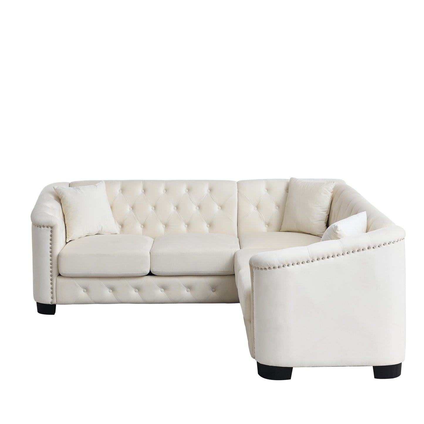 Canapé d'angle Chesterfield en velours de 82 po, 5 places, en forme de L, avec 3 oreillers, garniture cloutée et coussins amovibles