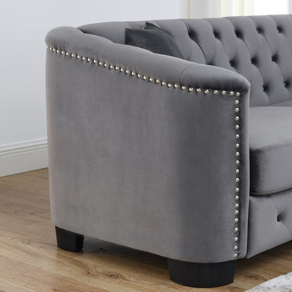 Canapé Chesterfield en velours 5 places en L de 82 po avec garniture cloutée, coussins amovibles et 3 oreillers