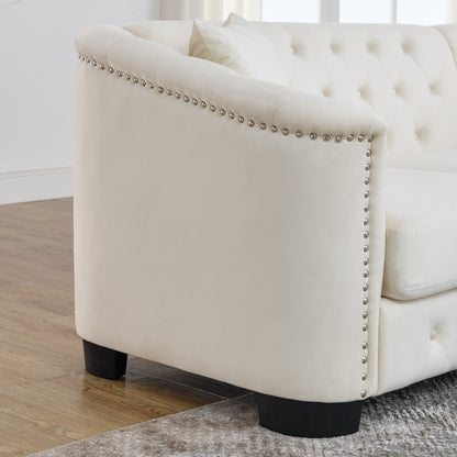 Canapé Chesterfield en velours 5 places en L de 82 po avec garniture cloutée, coussins amovibles et 3 oreillers