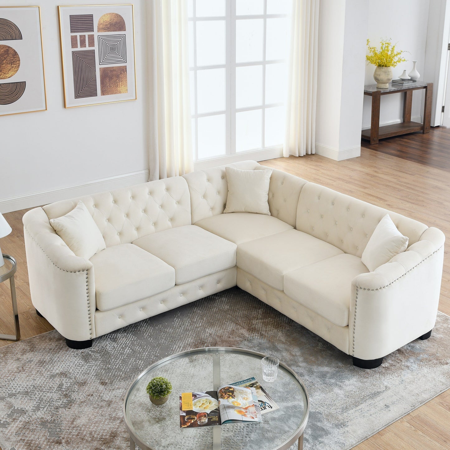 Canapé Chesterfield en velours 5 places en L de 82 po avec garniture cloutée, coussins amovibles et 3 oreillers
