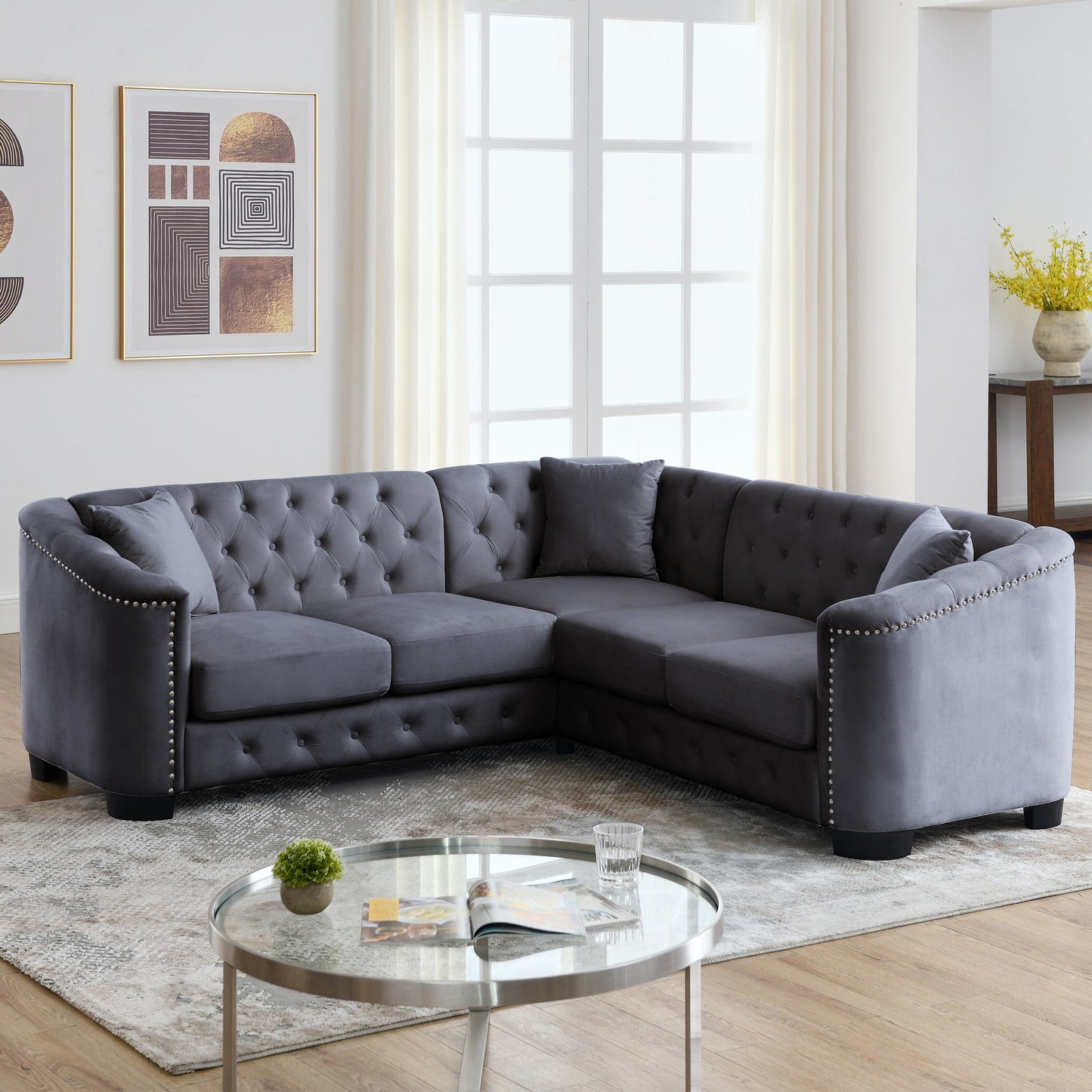 Canapé Chesterfield en velours 5 places en L de 82 po avec garniture cloutée, coussins amovibles et 3 oreillers