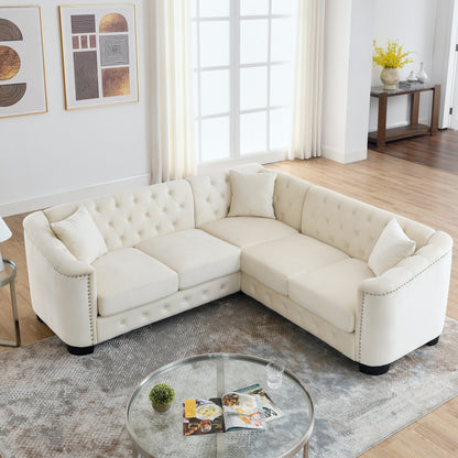Canapé d'angle Chesterfield en velours de 82 po en forme de L avec 3 oreillers, coussins amovibles et garniture cloutée