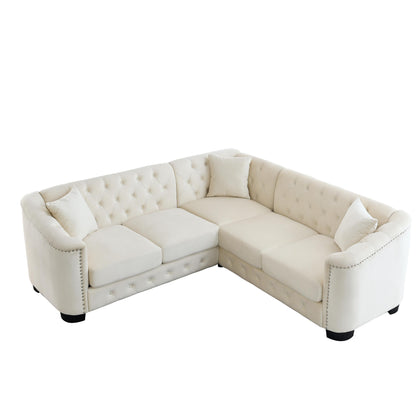 Canapé d'angle Chesterfield en velours de 82 po en forme de L avec 3 oreillers, coussins amovibles et garniture cloutée