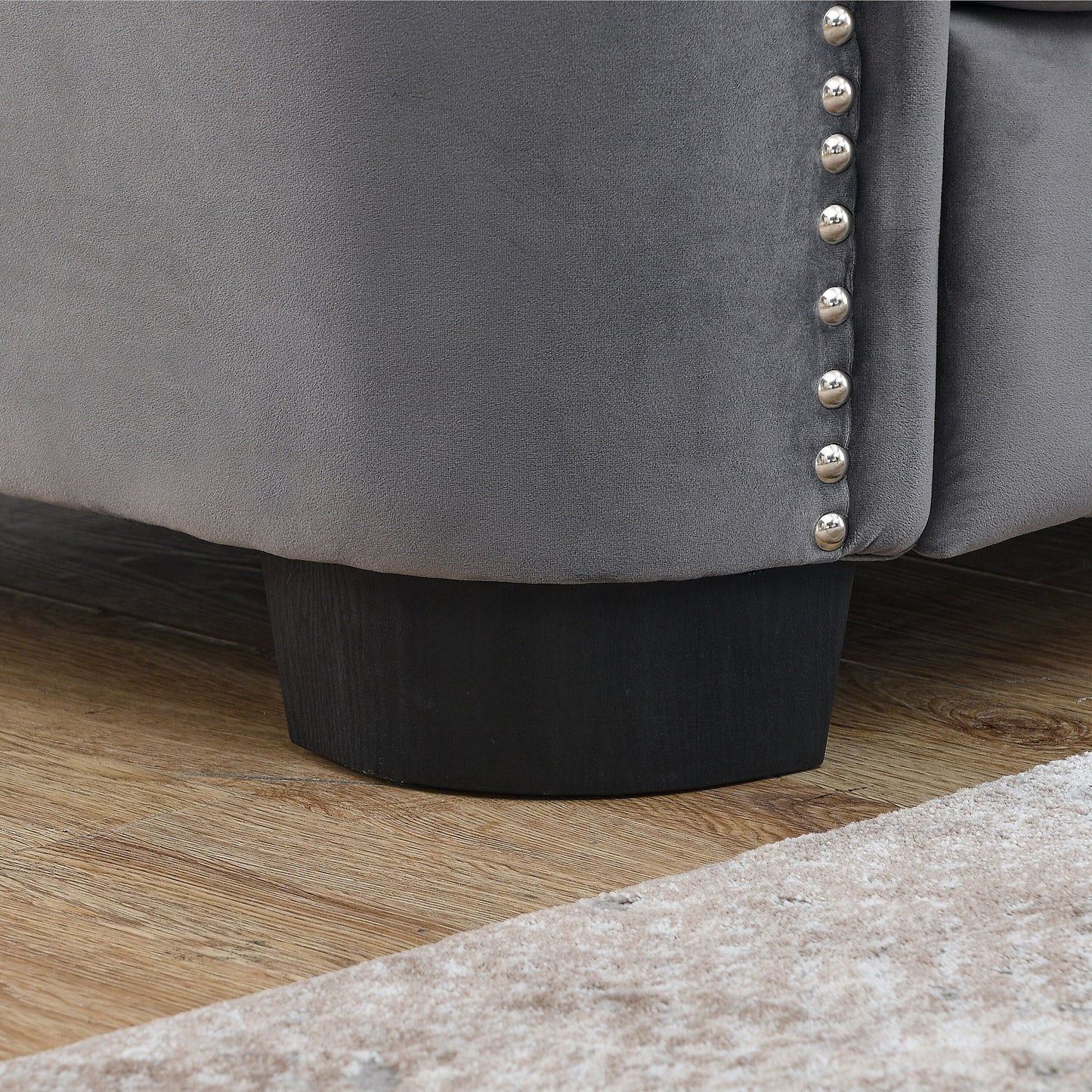 Canapé d'angle Chesterfield en velours de 82 po en forme de L avec 3 oreillers, coussins amovibles et garniture cloutée