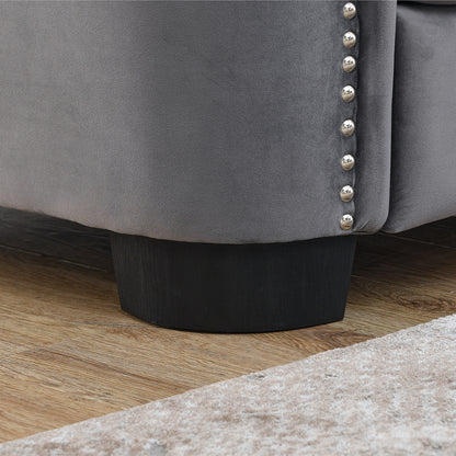 Canapé d'angle Chesterfield en velours de 82 po en forme de L avec 3 oreillers, coussins amovibles et garniture cloutée