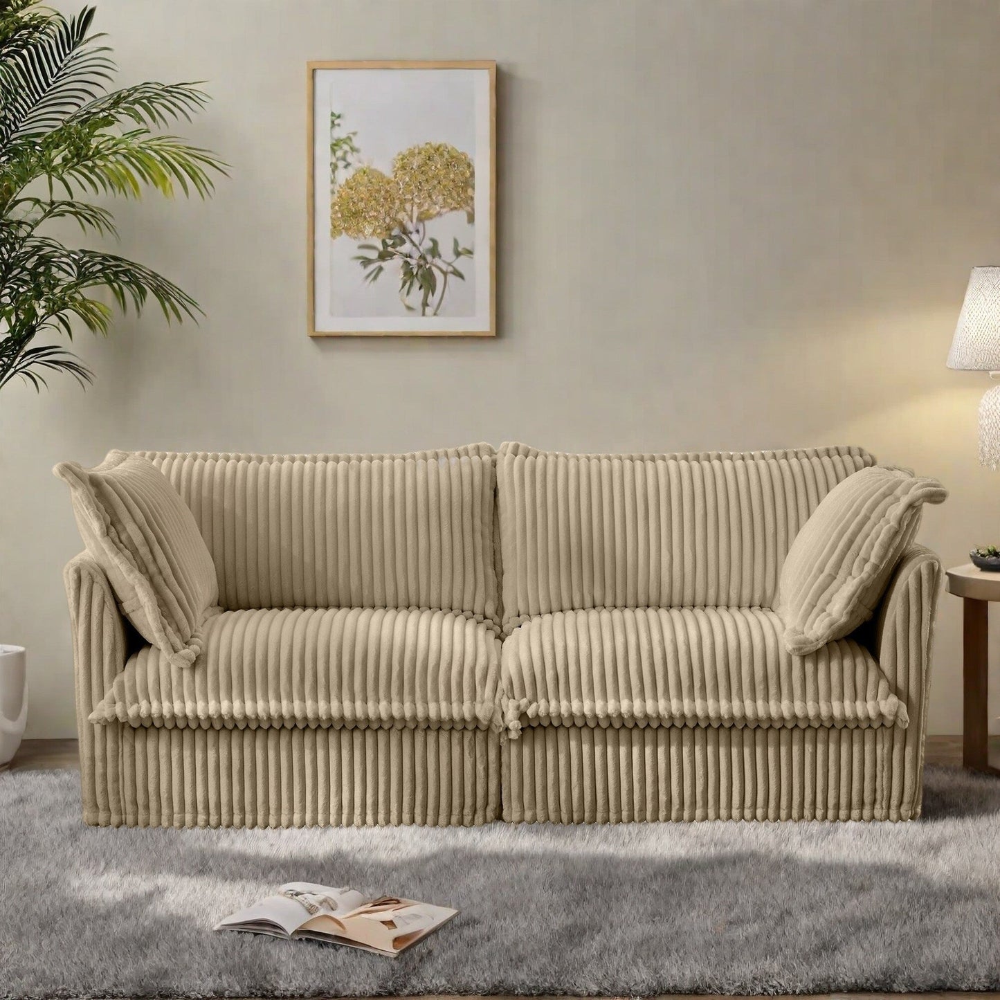 Canapé 2 places en velours côtelé 83,4" avec grands coussins pour le salon