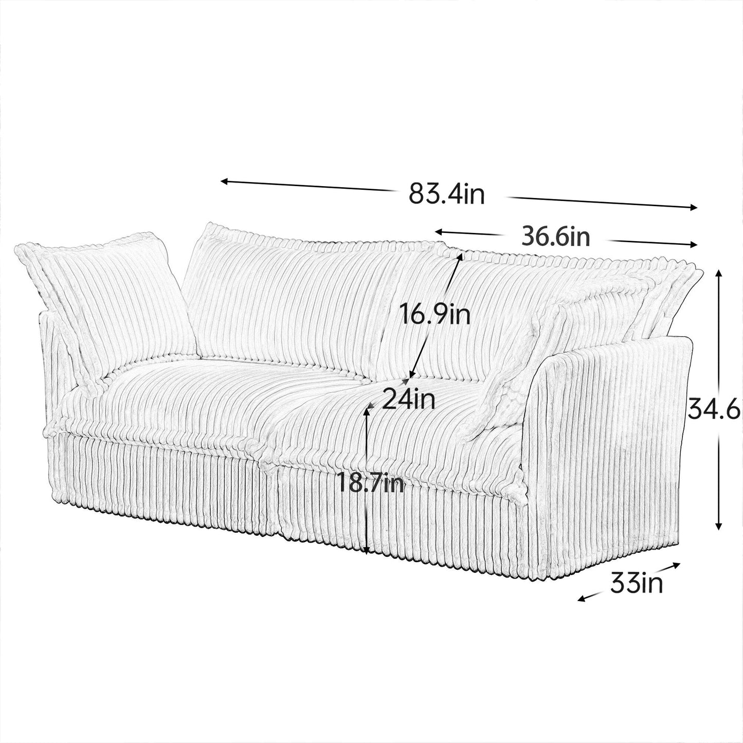 Canapé 2 places en velours côtelé 83,4" avec grands coussins pour le salon