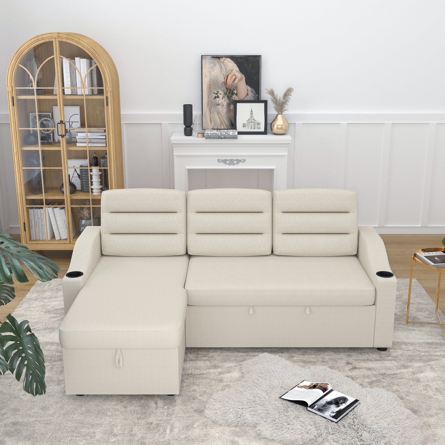 Canapé-lit convertible 3 places en polyester de 83,5 pouces avec lit gigogne, fauteuil inclinable avec rangement, porte-gobelet et poches latérales