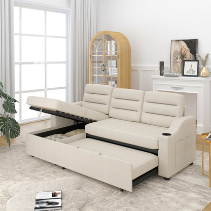 Canapé-lit convertible 3 places en polyester de 83,5 pouces avec lit gigogne, fauteuil inclinable avec rangement, porte-gobelet et poches latérales