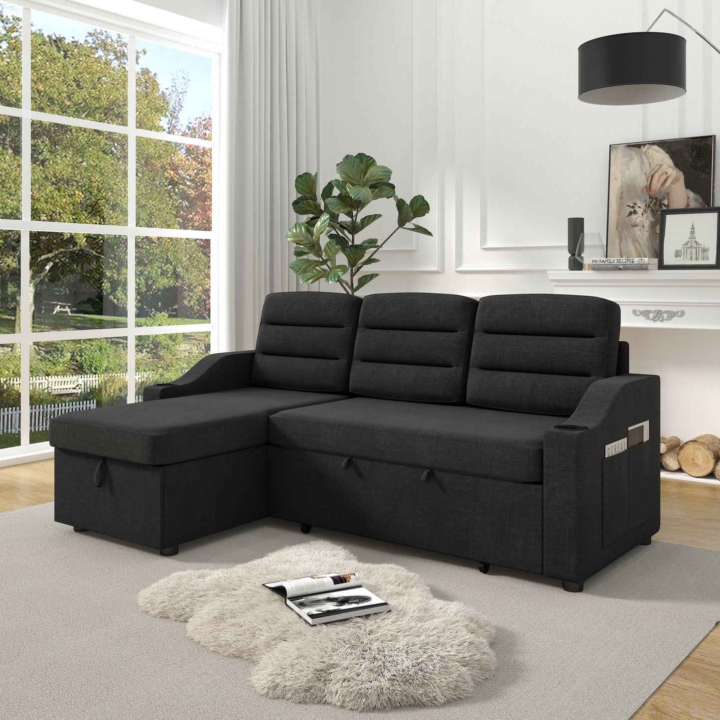 Canapé-lit convertible 3 places en polyester de 83,5 pouces avec lit gigogne, fauteuil inclinable avec rangement, porte-gobelet et poches latérales