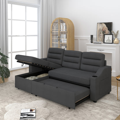 Canapé-lit convertible 3 places en polyester de 83,5 pouces avec lit gigogne, fauteuil inclinable avec rangement, porte-gobelet et poches latérales