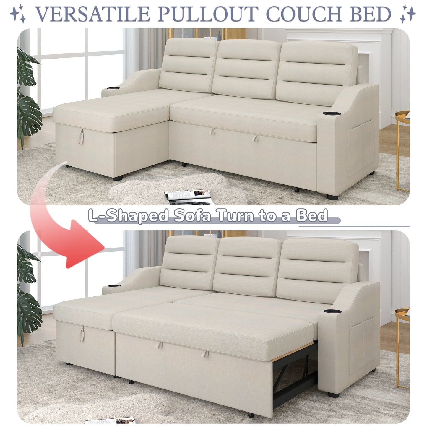 Canapé-lit convertible 3 places en polyester de 83,5 pouces avec lit gigogne, fauteuil inclinable avec rangement, porte-gobelet et poches latérales