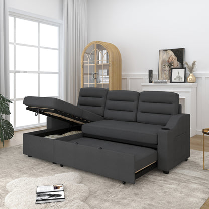 Canapé-lit convertible 3 places en polyester de 83,5 pouces avec lit gigogne, fauteuil inclinable avec rangement, porte-gobelet et poches latérales
