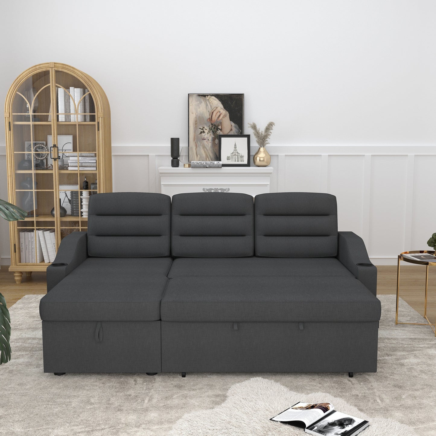 Canapé-lit convertible 3 places en polyester de 83,5 pouces avec lit gigogne, fauteuil inclinable avec rangement, porte-gobelet et poches latérales