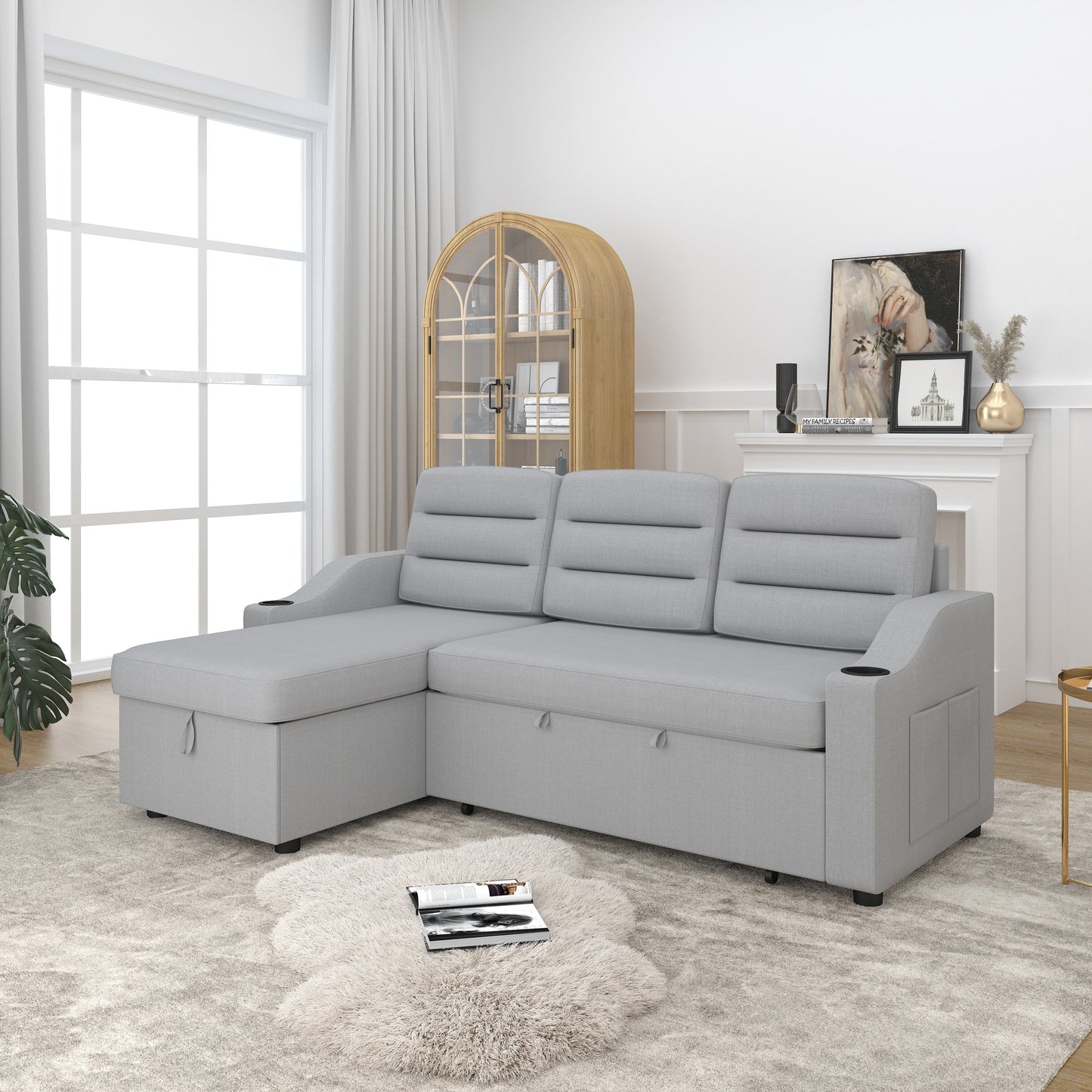 Canapé-lit convertible 3 places en polyester de 83,5 pouces avec lit gigogne, fauteuil inclinable avec rangement, porte-gobelet et poches latérales