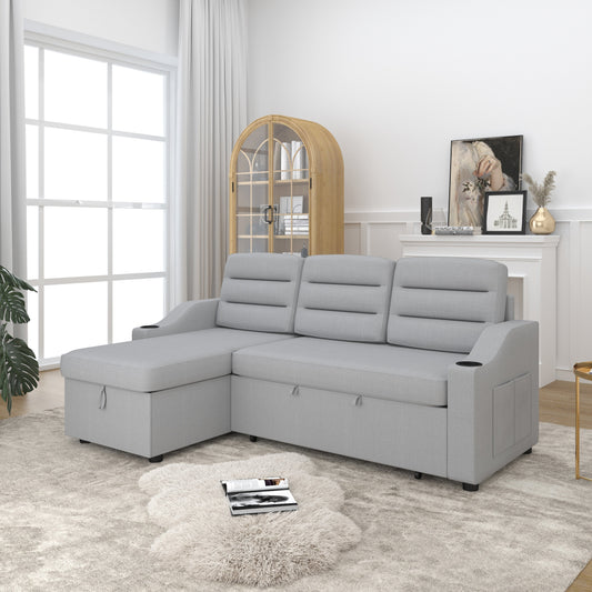 Canapé-lit convertible 3 places en polyester de 83,5 pouces avec lit gigogne, fauteuil inclinable avec rangement, porte-gobelet et poches latérales