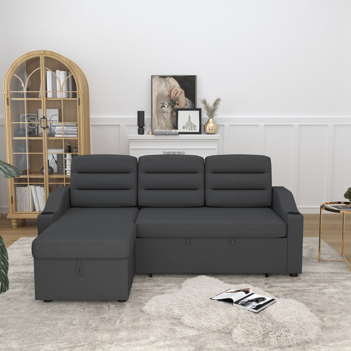Canapé-lit convertible 3 places en polyester de 83,5 pouces avec lit gigogne, fauteuil inclinable avec rangement, porte-gobelet et poches latérales