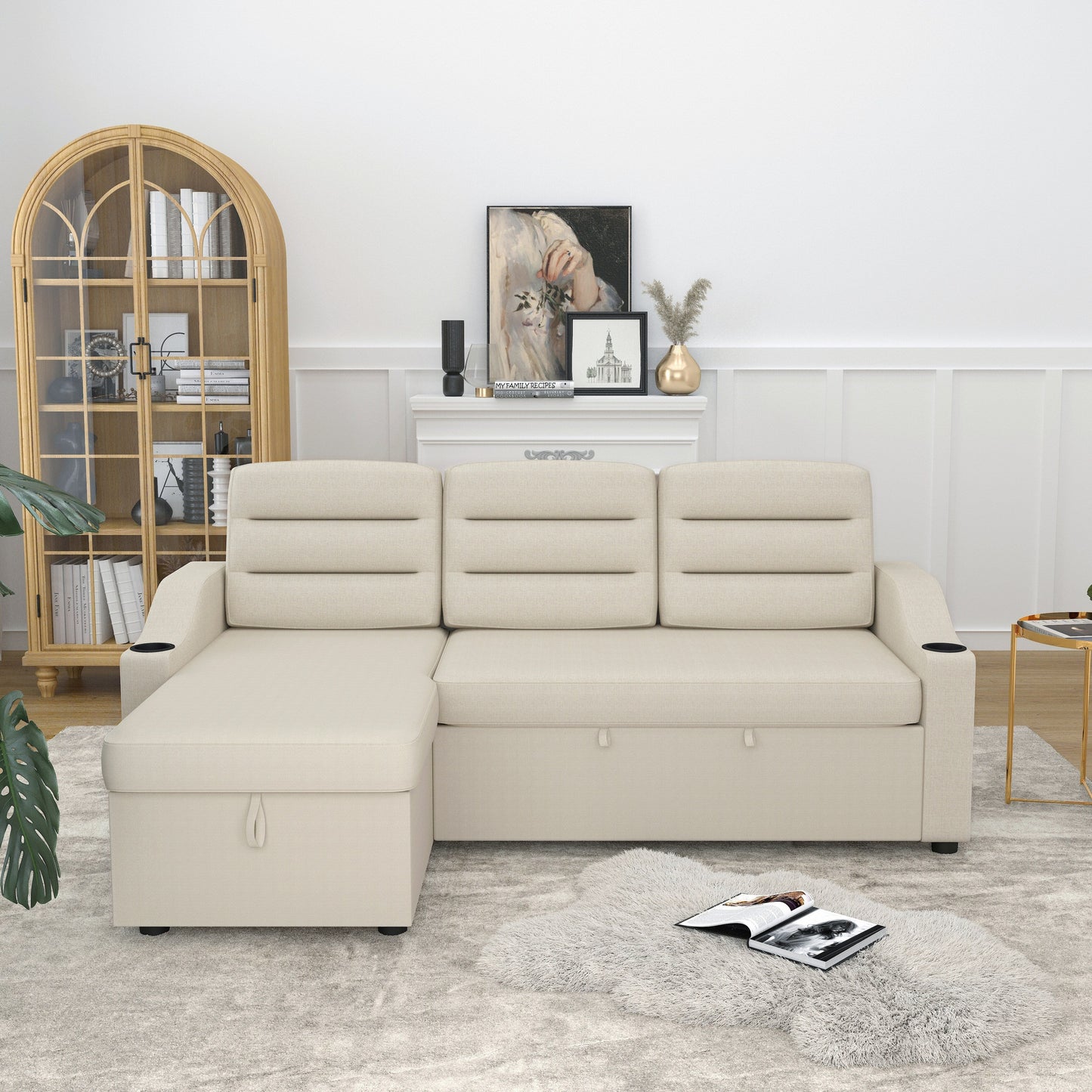 Canapé-lit convertible 3 places en polyester de 83,5 pouces avec lit gigogne, fauteuil inclinable avec rangement, porte-gobelet et poches latérales