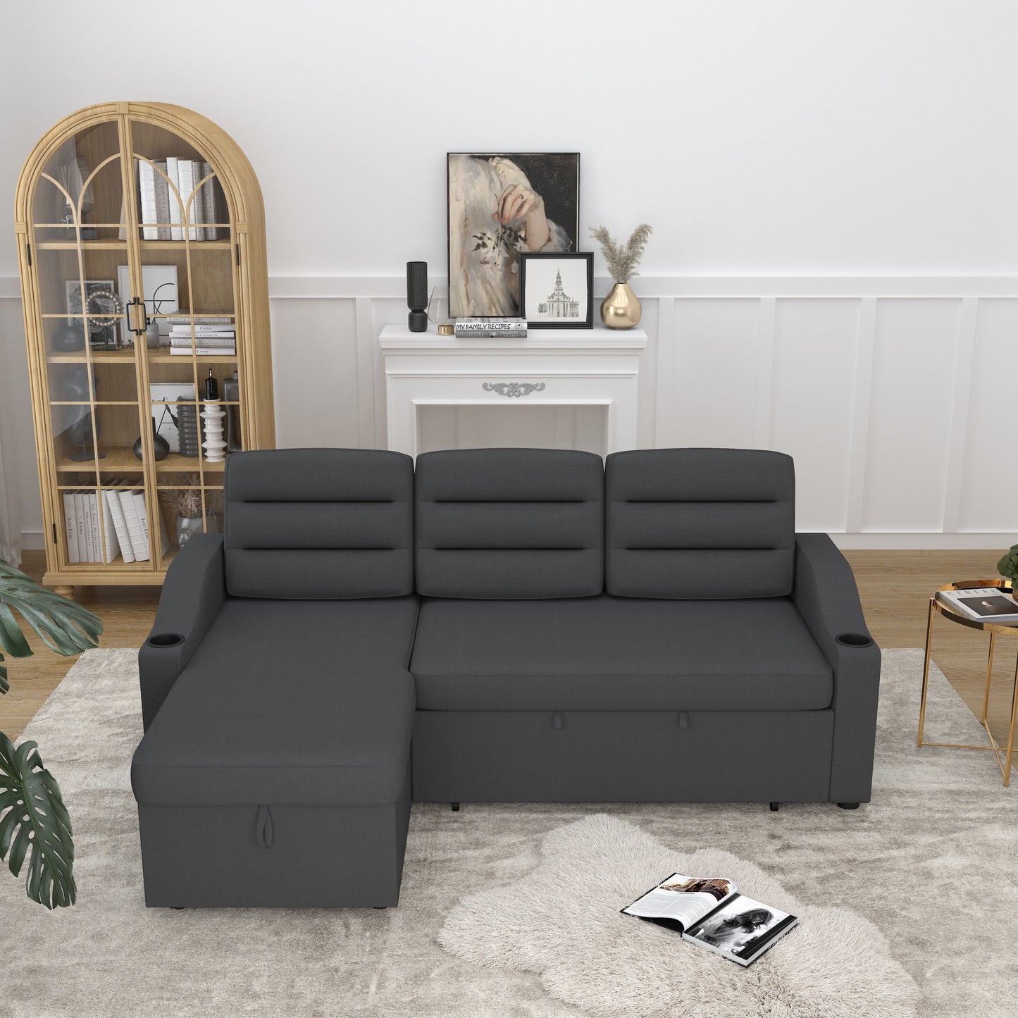 Canapé-lit convertible 3 places en polyester de 83,5 pouces avec lit gigogne, fauteuil inclinable avec rangement, porte-gobelet et poches latérales