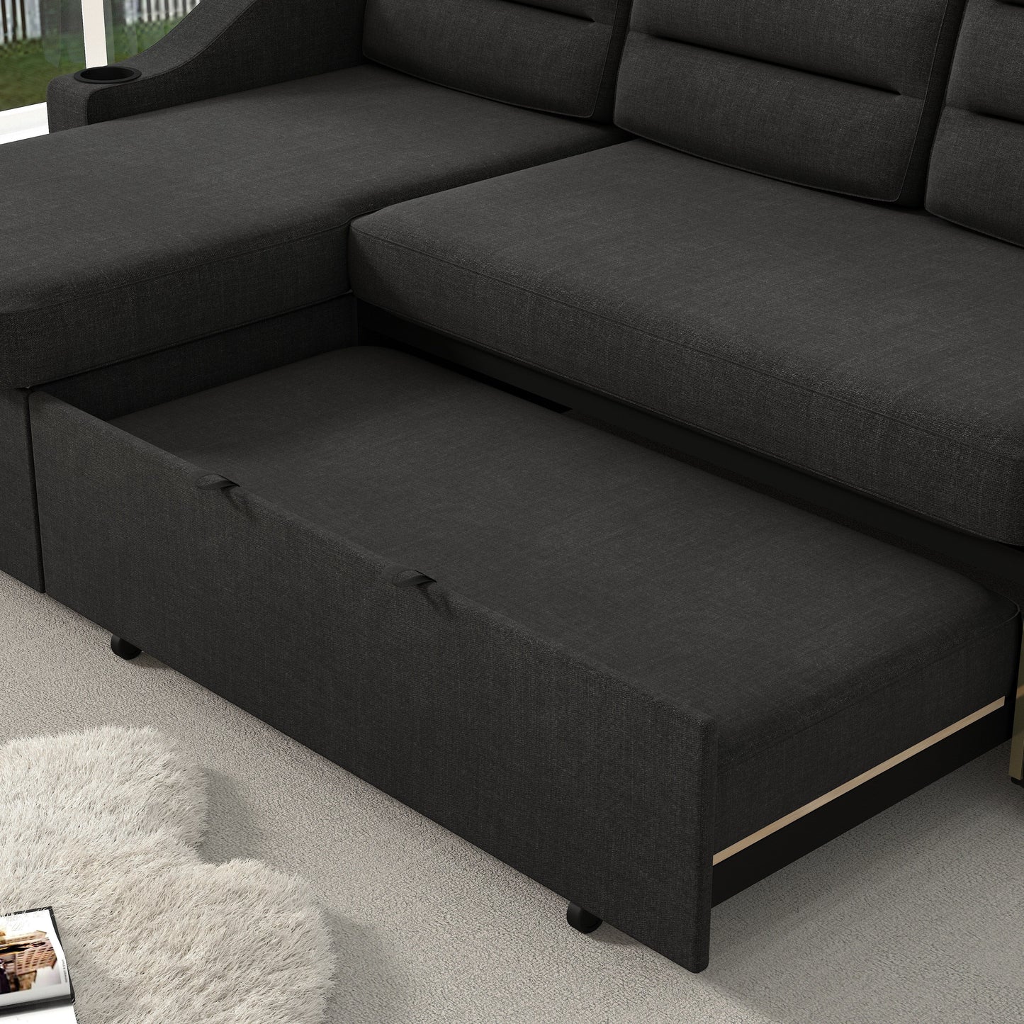 Canapé-lit convertible 3 places en polyester de 83,5 pouces avec lit gigogne, fauteuil inclinable avec rangement, porte-gobelet et poches latérales
