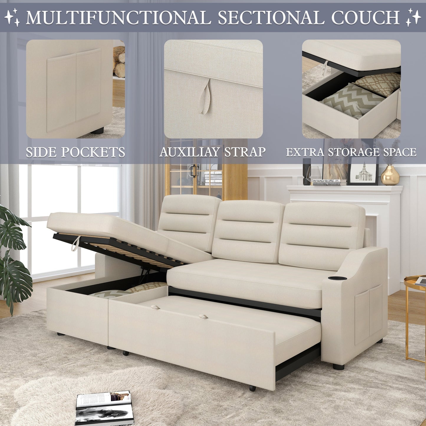 Canapé-lit convertible 3 places en polyester de 83,5 pouces avec lit gigogne, fauteuil inclinable avec rangement, porte-gobelet et poches latérales
