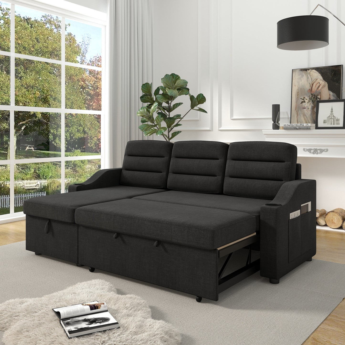 Canapé-lit convertible 3 places en polyester de 83,5 pouces avec lit gigogne, fauteuil inclinable avec rangement, porte-gobelet et poches latérales
