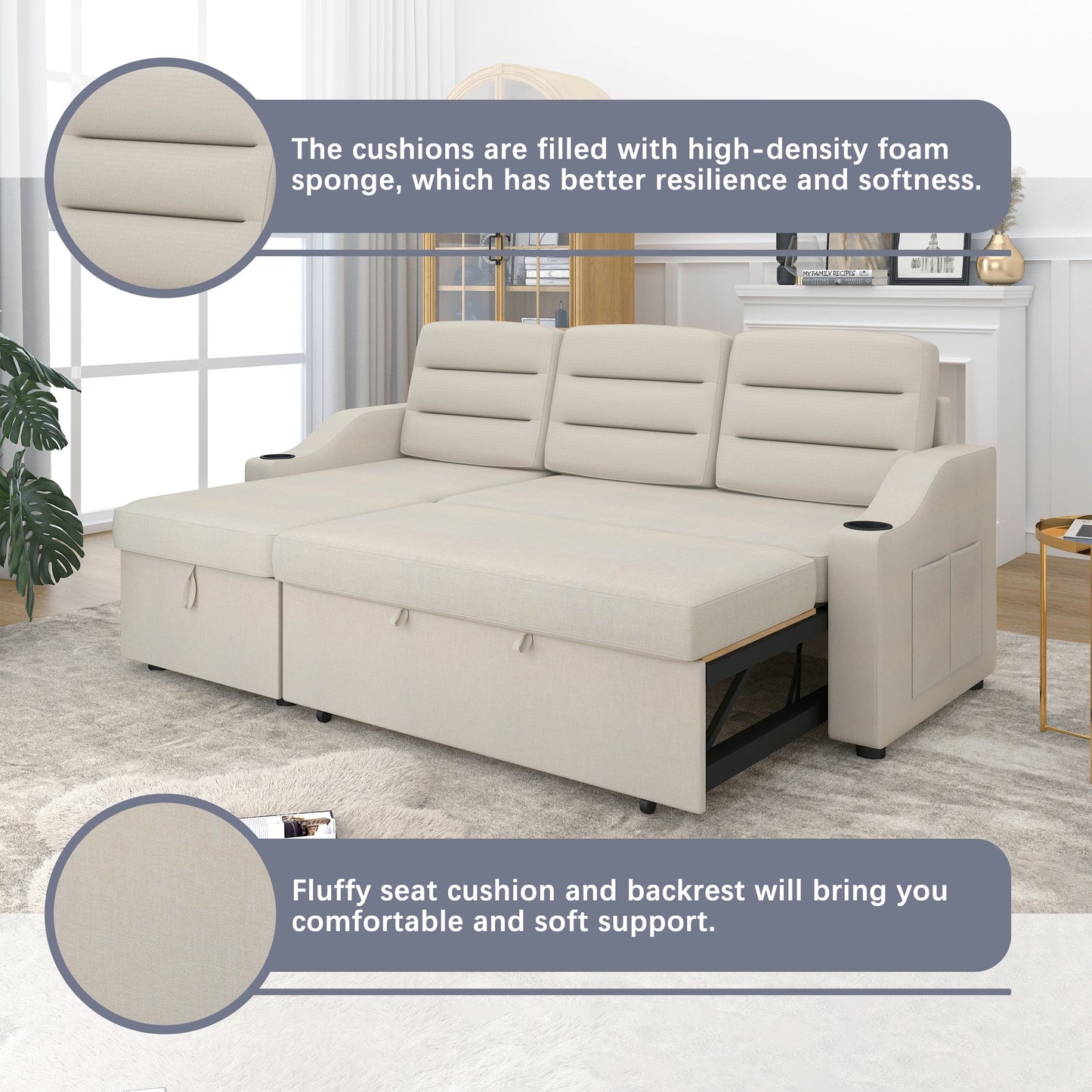 Canapé-lit convertible 3 places en polyester de 83,5 pouces avec lit gigogne, fauteuil inclinable avec rangement, porte-gobelet et poches latérales