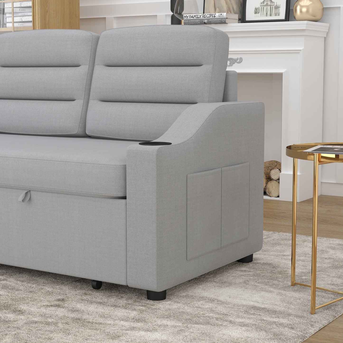 Canapé-lit convertible 3 places en polyester de 83,5 pouces avec lit gigogne, fauteuil inclinable avec rangement, porte-gobelet et poches latérales