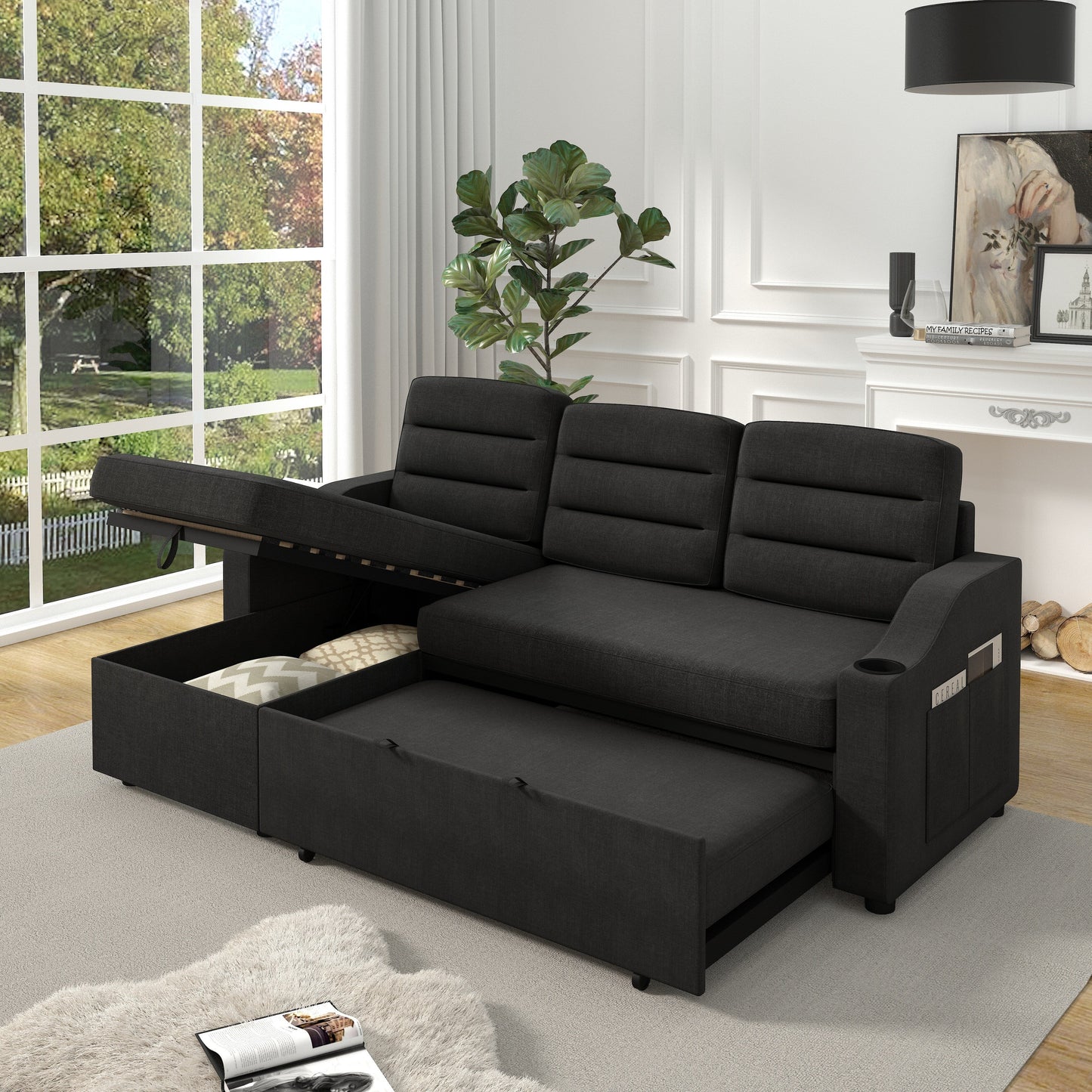 Canapé-lit convertible 3 places en polyester de 83,5 pouces avec lit gigogne, fauteuil inclinable avec rangement, porte-gobelet et poches latérales