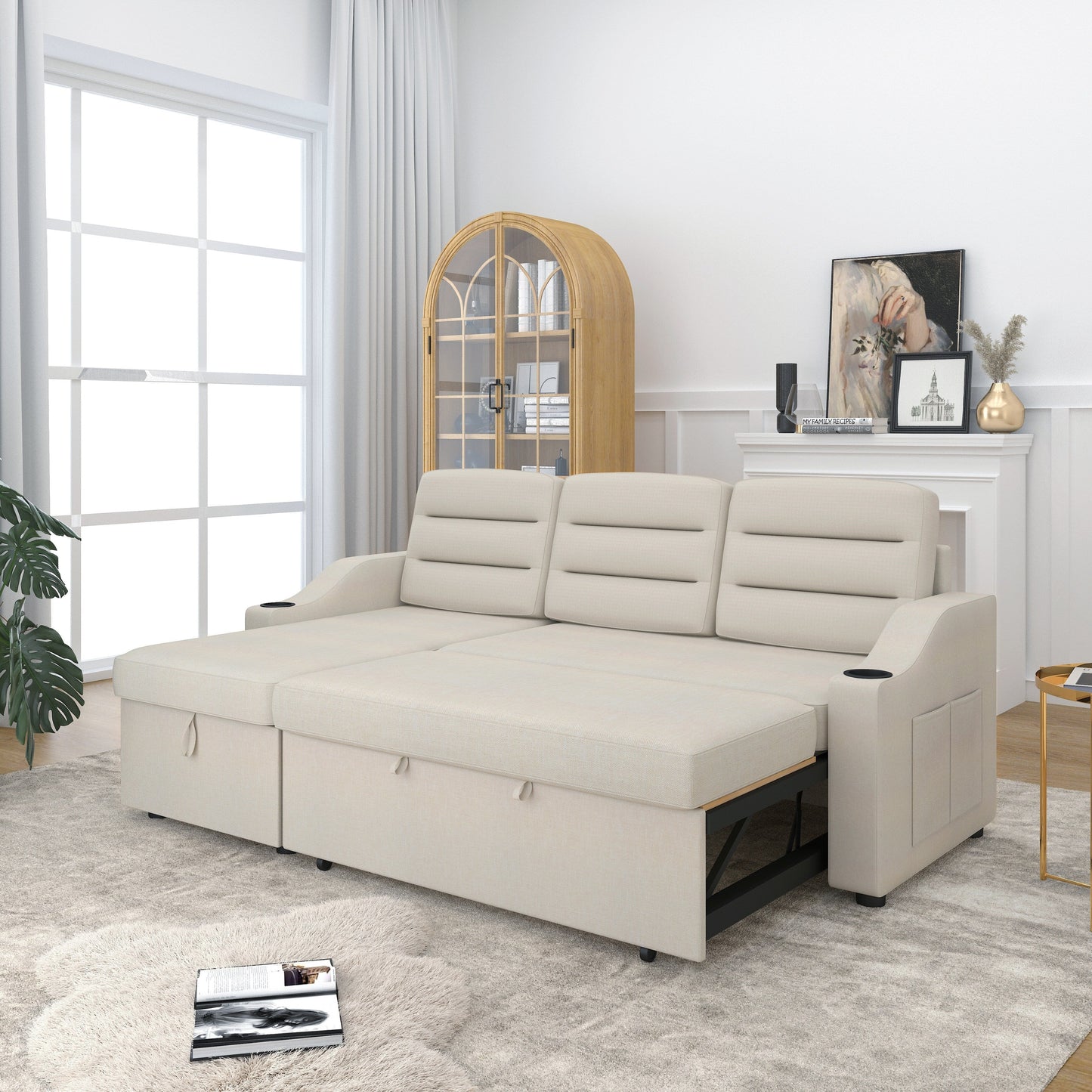 Canapé-lit convertible 3 places en polyester de 83,5 pouces avec lit gigogne, fauteuil inclinable avec rangement, porte-gobelet et poches latérales