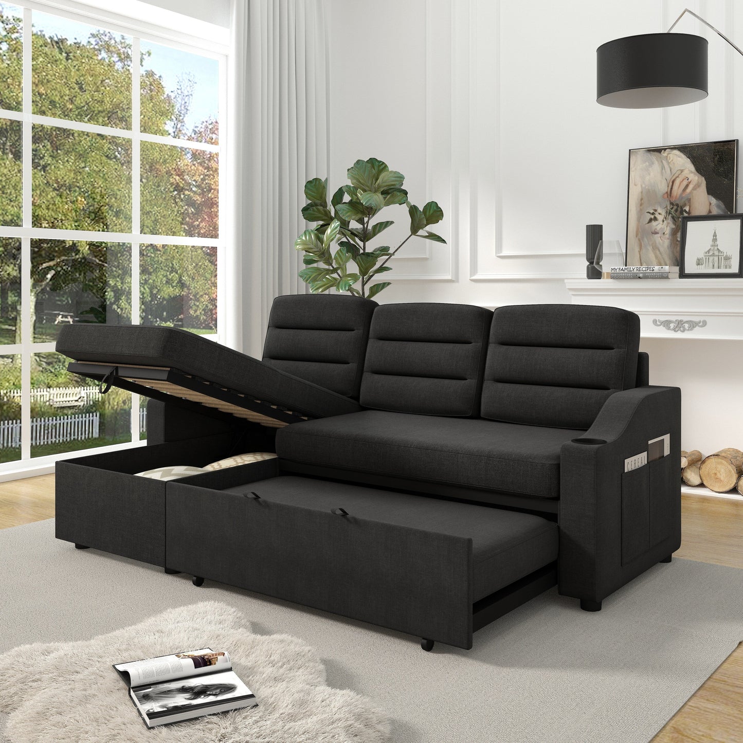 Canapé-lit convertible 3 places en polyester de 83,5 pouces avec lit gigogne, fauteuil inclinable avec rangement, porte-gobelet et poches latérales