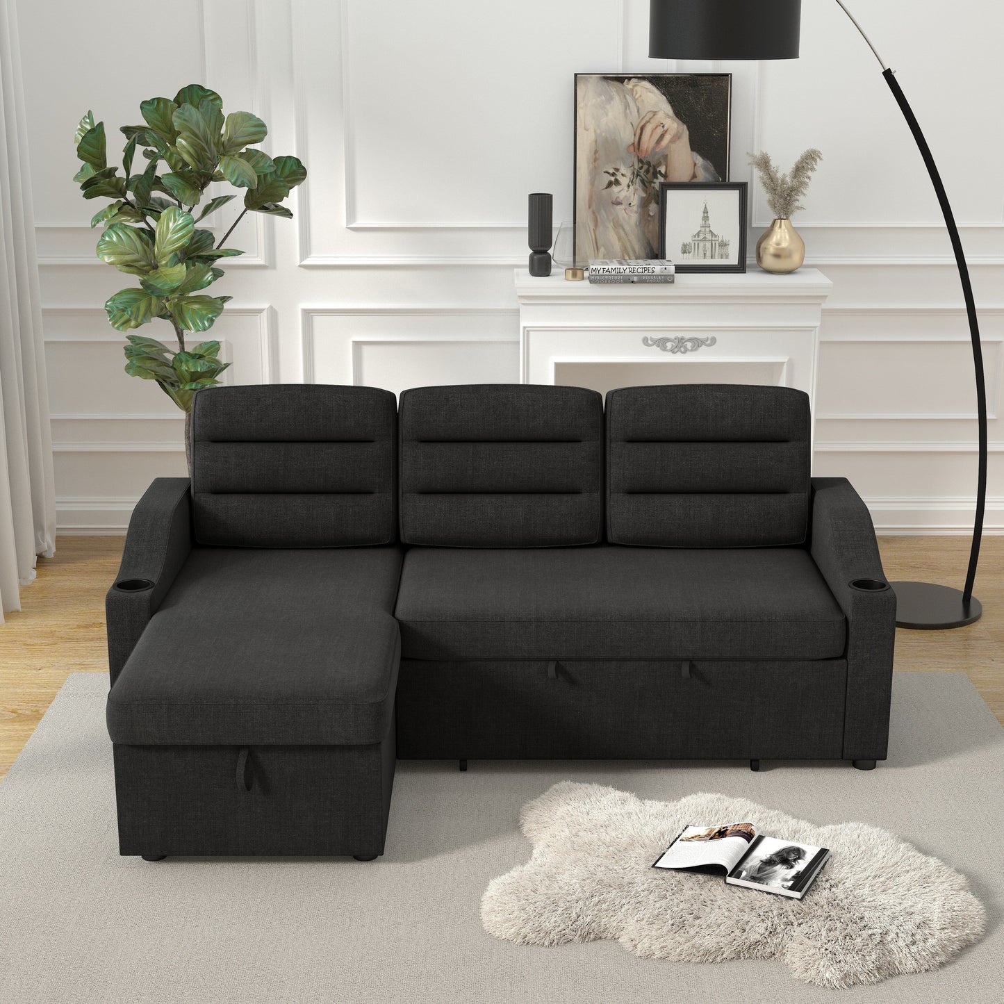 Canapé-lit convertible 3 places en polyester de 83,5 pouces avec lit gigogne, fauteuil inclinable avec rangement, porte-gobelet et poches latérales