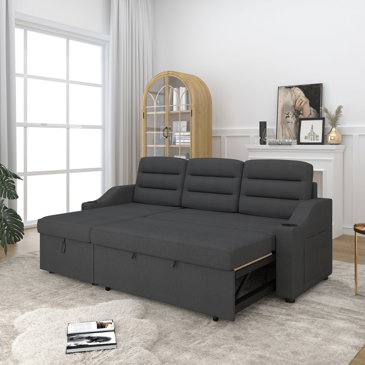 Canapé-lit convertible 3 places en polyester de 83,5 pouces avec lit gigogne, fauteuil inclinable avec rangement, porte-gobelet et poches latérales